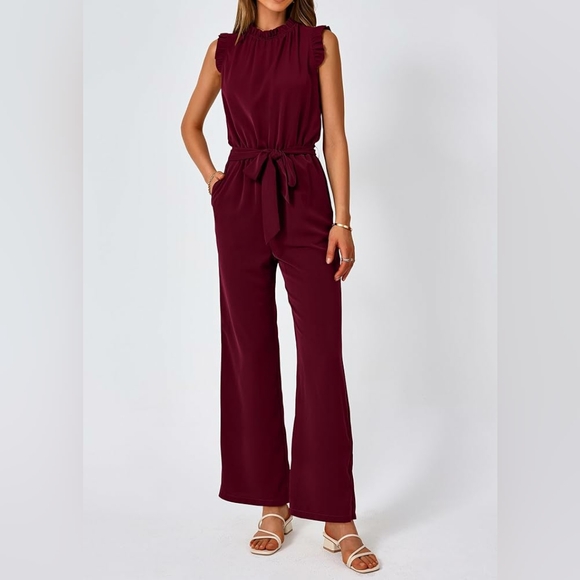Kirundo Burgundy Sleeveless Ruffle Mock Neck Wide Leg Jumpsuit - Picture 2 of 10